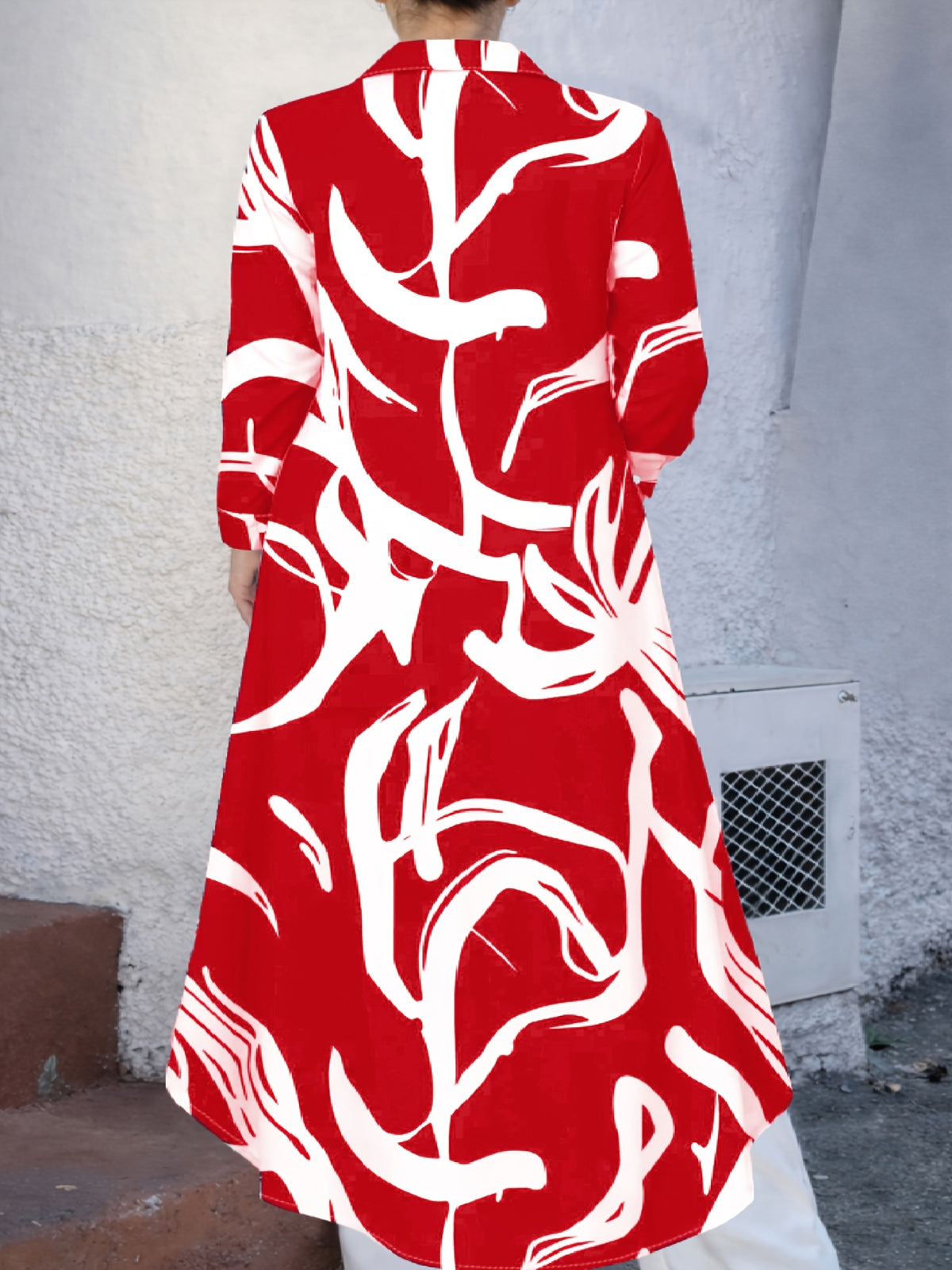 Plus Size, Fashionable Plus-Size Women's Elegant Striped Print Shirt Dress - Red
