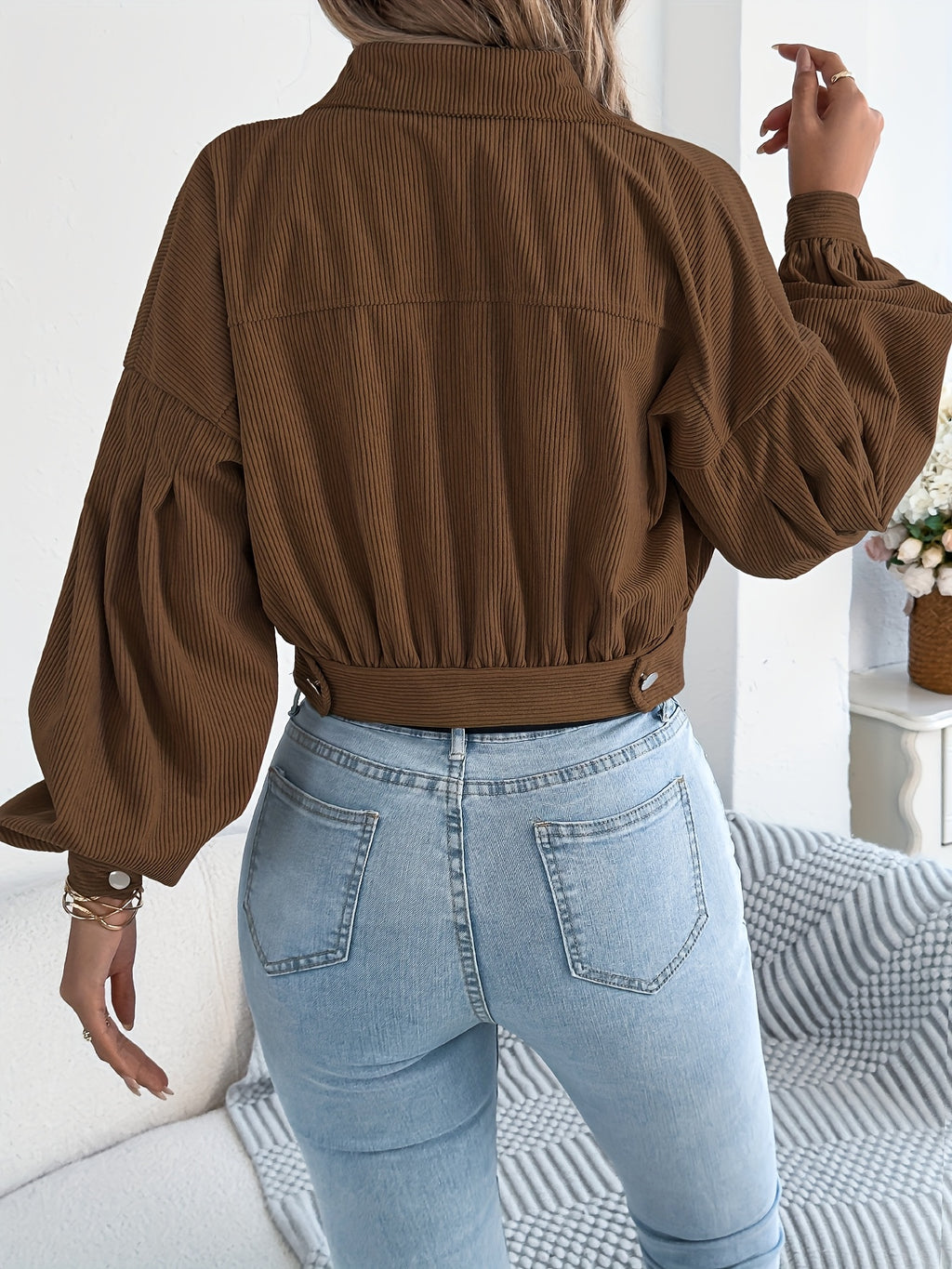 Spring Autumn Casual Vacation Solid Color Single Breasted Lantern Long Sleeve Corduroy Short Coat Women'S Jacket - Coffee Color