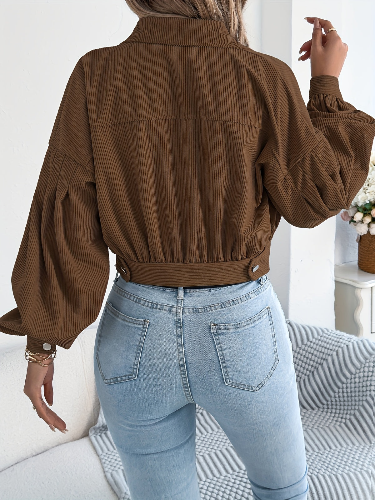Spring Autumn Casual Vacation Solid Color Single Breasted Lantern Long Sleeve Corduroy Short Coat Women'S Jacket - Coffee Color