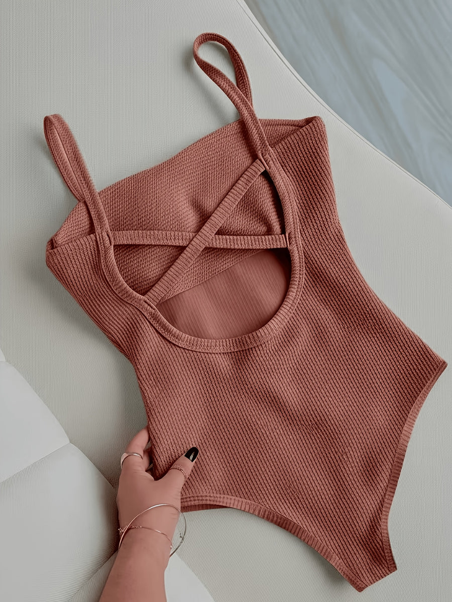 2pcs Women's Elegant Bodysuit, Sexy Halter 1pc with Criss-Cross Cutout Back, Ribbed Camisole Tank Top, Slim Fit, Figure-Hugging, Hot Style, Short Romper ZLLZ - Green + Caramel Brown