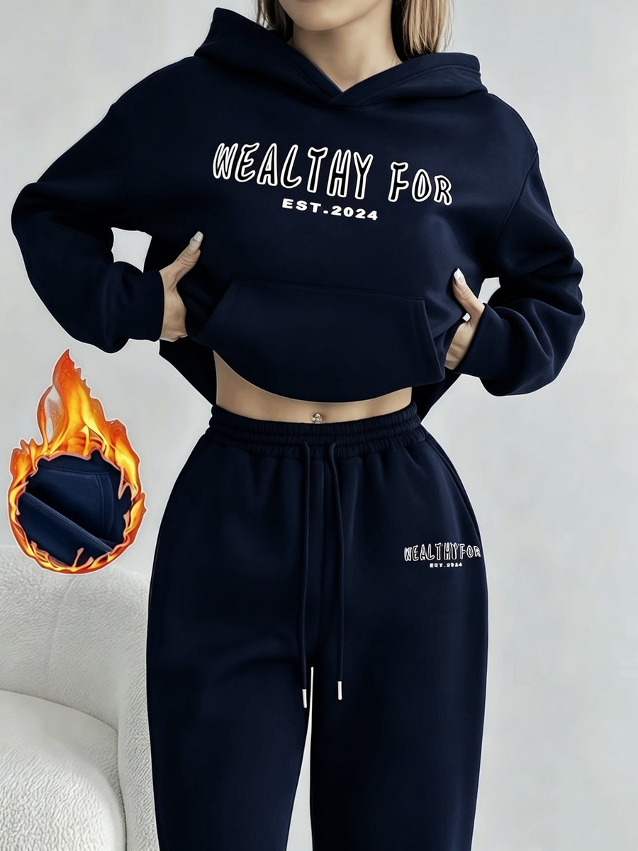 Autumn and Winter Latest Style Women's Hoodie Set, Fashionable and Casual Y Long-sleeve Set - Navy Color
