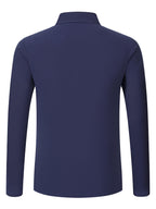 Men's Spring/Summer Solid Color Lapel Long Sleeve Polo Shirt, Half-Open Placket Casual Vacation Top - Navy Color