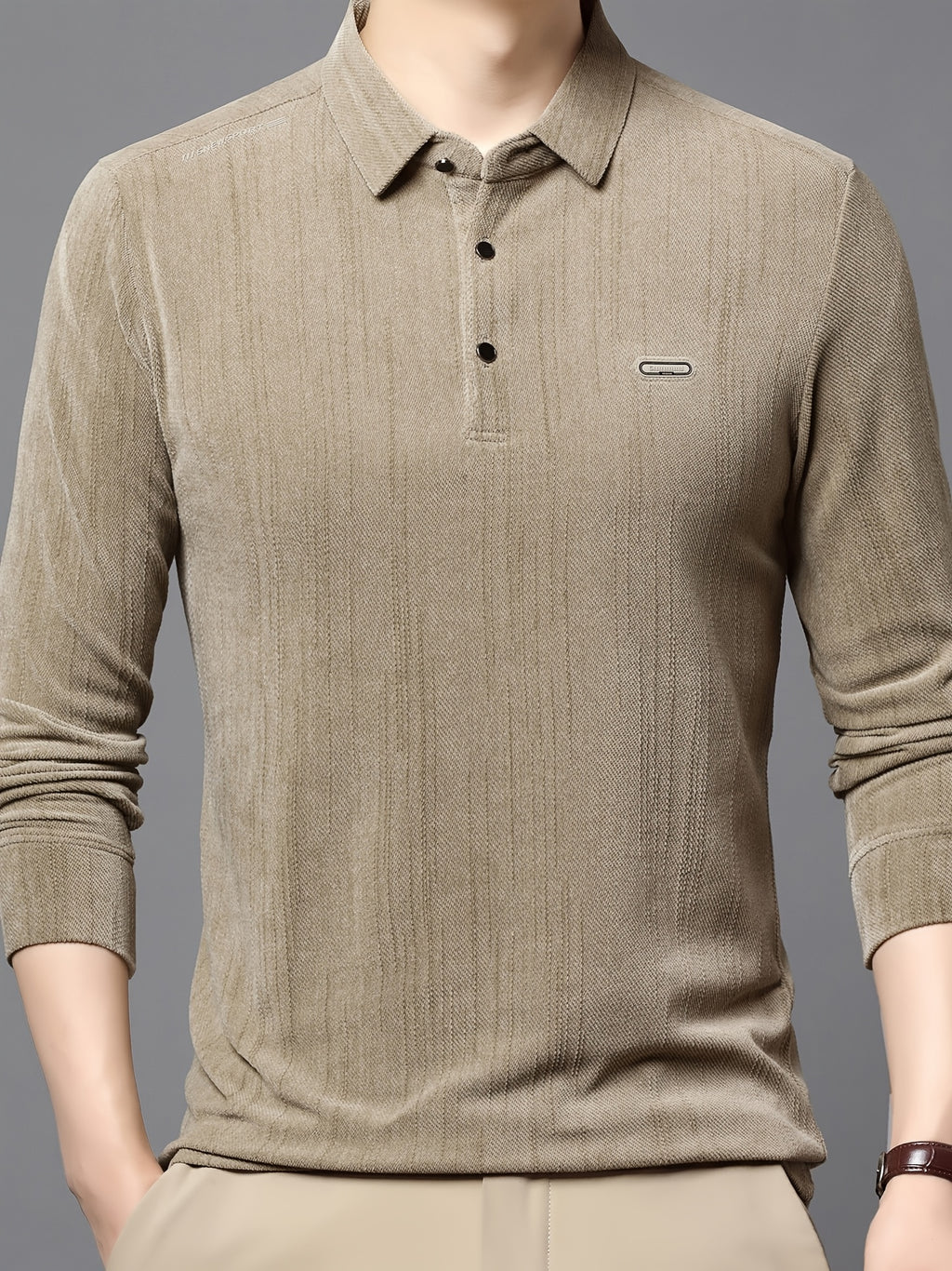 New Autumn Collection: Men's High-GSM Solid Color Textured Vertical Stripe Lapel Top for Commuting, Business, and Casual Wear - Knitted T-Shirt Polo Shirt - Khaki