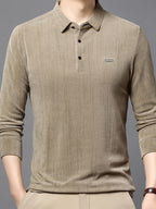 New Autumn Collection: Men's High-GSM Solid Color Textured Vertical Stripe Lapel Top for Commuting, Business, and Casual Wear - Knitted T-Shirt Polo Shirt - Khaki