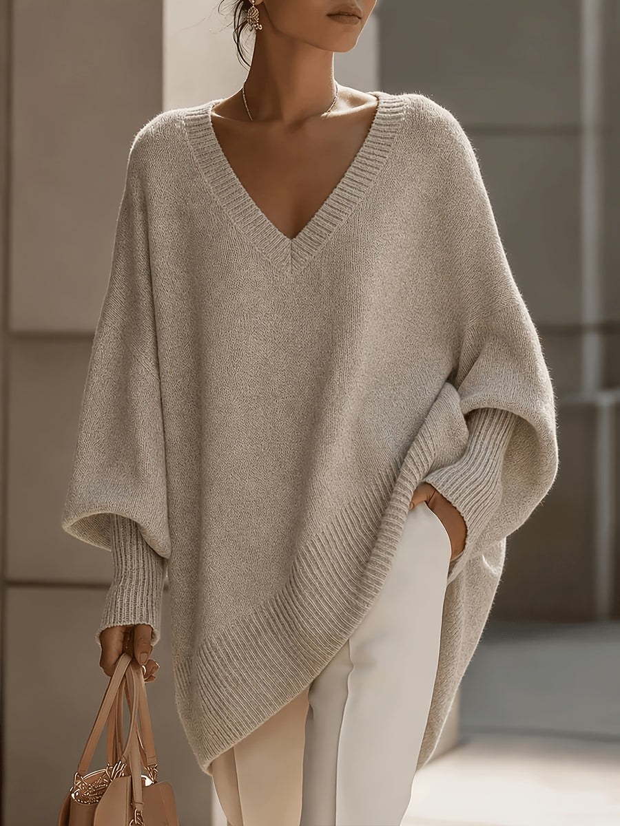 Plus Size - French Casual Style Plus Size V-Neck Sweater Women'S Loose Batwing Sleeve Solid Soft Pullover Sweater Autumn Winter Premium Top - Khaki