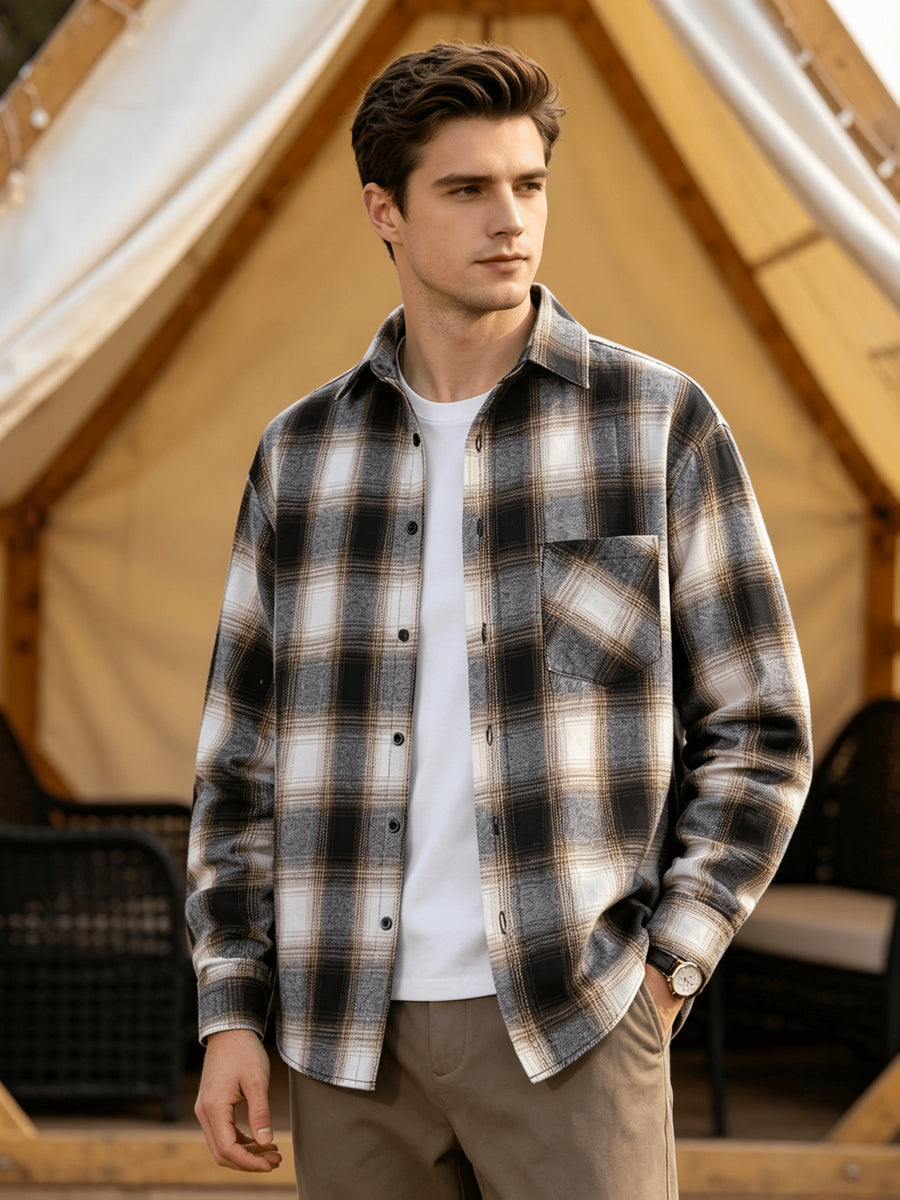 Men'S Plaid Long Sleeve Shirt, Lapel Button Design Loose Fit Fashion Casual Outdoor Street Versatile All-Season Base Layer - Khaki plaid pattern