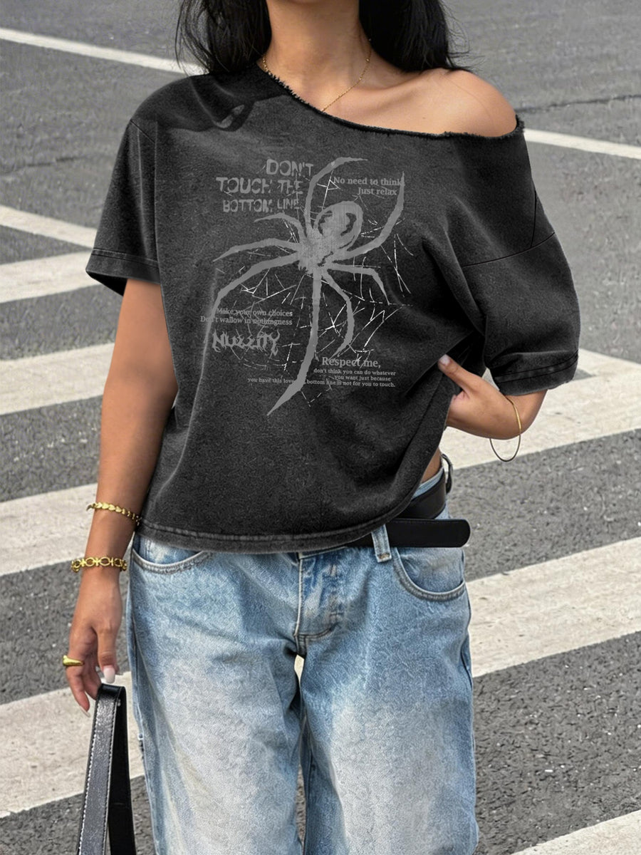Spider Print Loose Casual Off-Shoulder Washed T-Shirt, One-Shoulder Round-Neck Women'S T-Shirt for Summer Commuting Fashion - Deep Grey