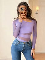 New Women'S Fashionable Solid Color Summer Elegant Sexy Asymmetrical Neckline Mesh Patchwork Long-Sleeved Bodysuit, Round Neck Bodysuit, Mesh Patchwork Slim Fit Bodysuit, Suitable for Women to Wear in Spring And Summer, See-Through Bodysuit - Light Violet