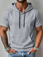 Men's Casual Short-sleeved Summer Hoodie Sweater Pure Color Outdoor Versatile Top Suitable for Sports And Commuting Fashionable And Comfortable Sweater - Grey