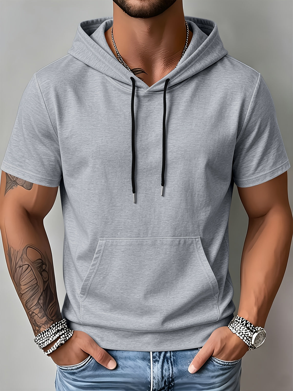 Men's Casual Short-sleeved Summer Hoodie Sweater Pure Color Outdoor Versatile Top Suitable for Sports And Commuting Fashionable And Comfortable Sweater - Grey