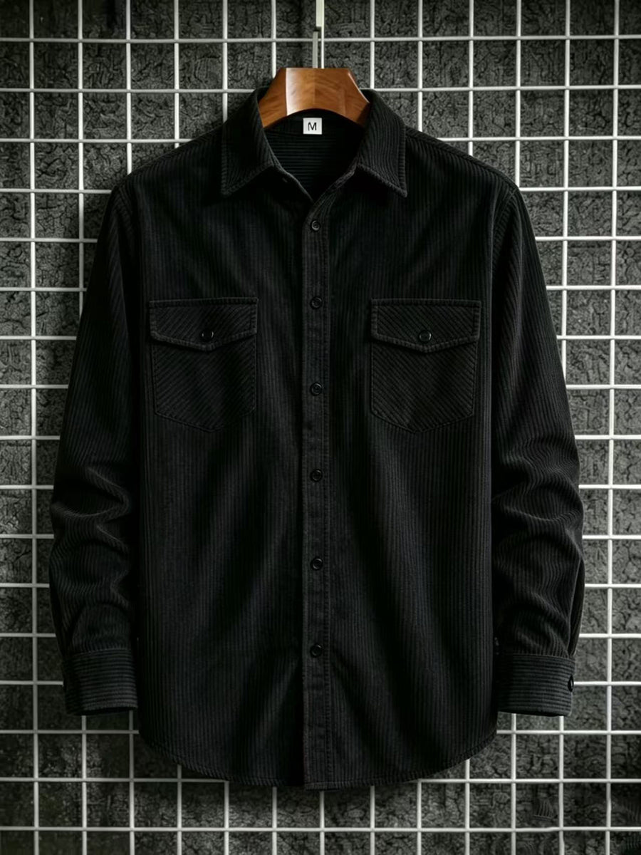 Men'S Fashion Versatile Casual Long-Sleeve Shirt, Multiple Colors Available, Pocket Design Corduroy Top Shirt Jacket - Black