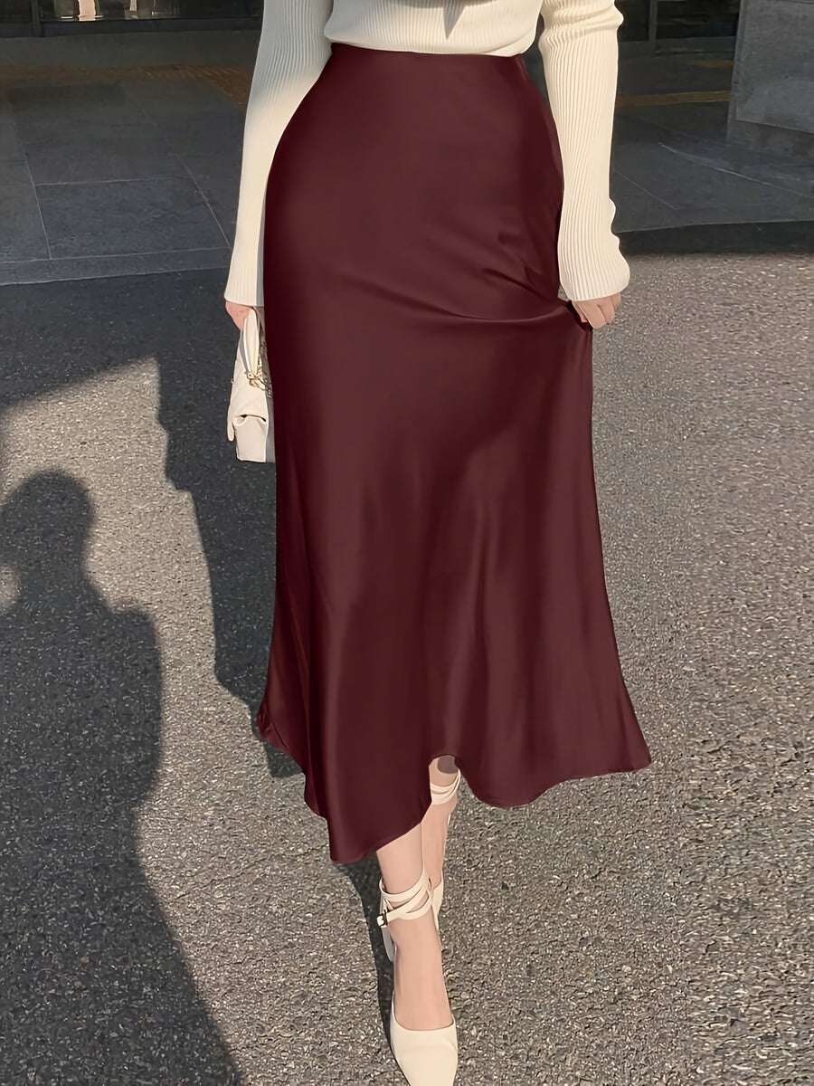 Spring/Summer Women's Slim-Fit Solid Color Satin Mermaid Skirt - Burgundy