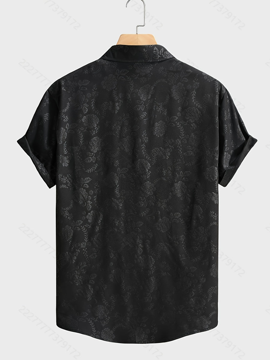 Summer Men's Casual Fashion Embossed Short Sleeve Shirt, Chinese Size, Please Check The Size Guide Carefully - Bright Black