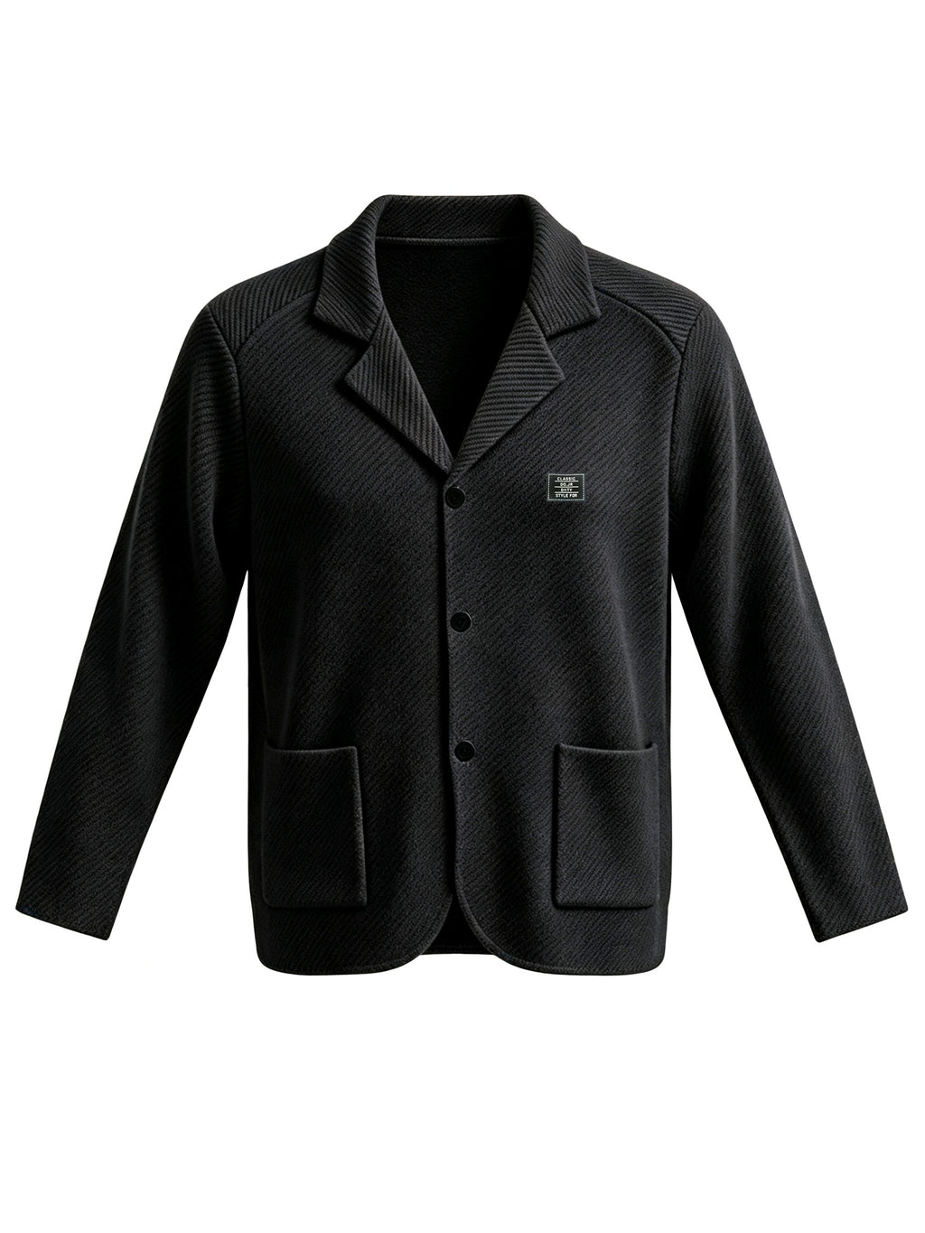 Men's New Spring, Autumn, and Winter Collection: Twill Textured Fabric Single-Breasted Notched Lapel Cardigan with Double Pockets, a Versatile Long-Sleeve Business Casual Outerwear. Soft, Comfortable, and Stylish Knitted Solid-Color Jacket - Black
