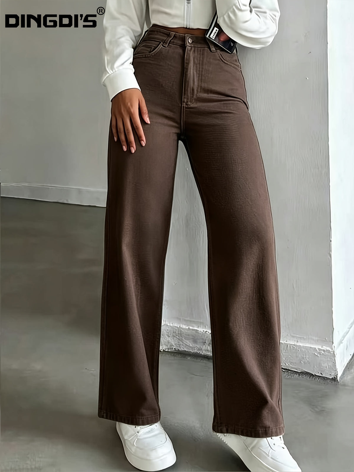 Ladie's 2026 New Stretch Straight-leg Jeans, High-waisted and Cinched Denim Long Pants, 90s Women's Clothing, Washed Solid-color Business Casual Pants with Pockets, Suitable for Travel, Shopping, and All-season Denim Pants - Coffee Color