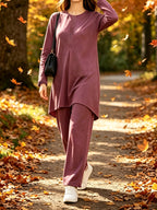 Ramadan Elegant Ladies Set Abaya Dress And Pants Solid Color Round Neck Embroidered Chest And Sleeve Applique Top Elastic Waist Long Pants Commute Casual Two-Piece Set - Fuchsia
