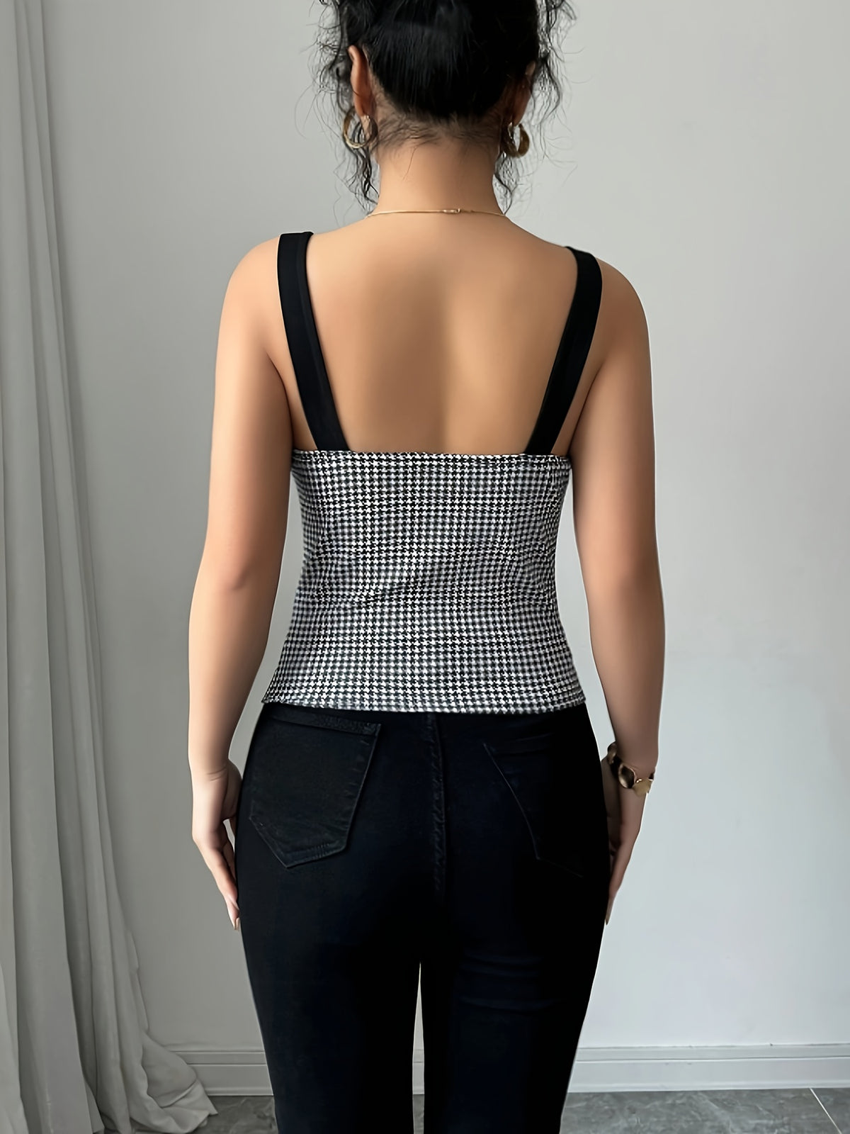 Elegant Commuter Houndstooth Print Suspender Vest, Women'S Summer Fashion Versatile Single-Breasted Slim Vest, Women'S Clothing - Black And White