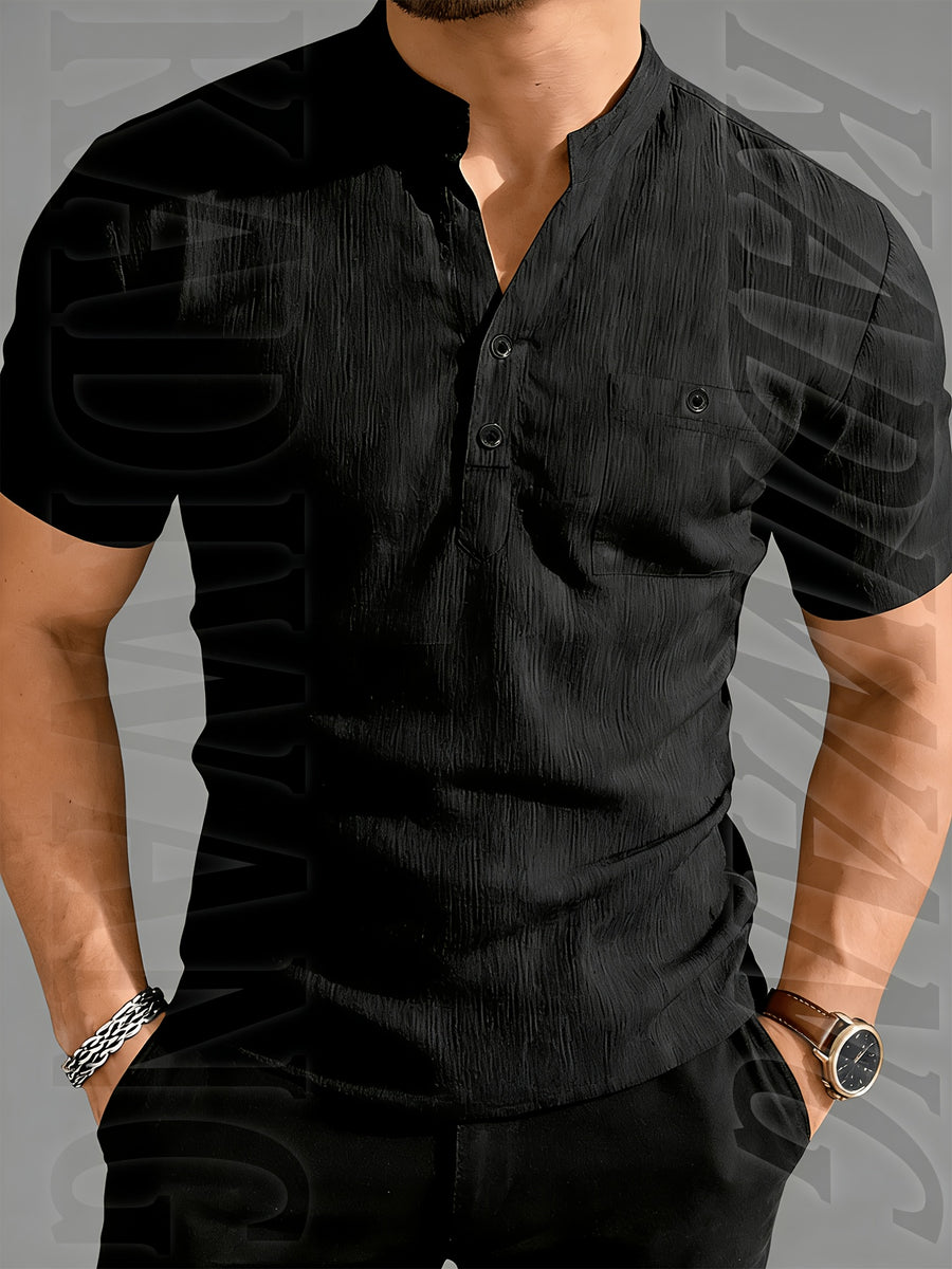 Henley Shirt Men's High-Quality Summer Short-Sleeve Henley T-Shirt - Men's Top, Old Money Style, Suitable for Golf Attire, Outdoor Camping, Fishing, and Daily Casual Wear - Black
