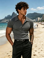 2pcs Mixed Pc Men'S Summer Easy Solid Henley Short Sleeve T-Shirts Classic Lapel And 7-Button Design High-Elastic Skin-Friendly Ribbed Polo Shirt Moisture-Wicking Breathable Base Layer Suitable for Outdoor Sports And Casual Wear Multi-Color Combinat - Black+dark Gray