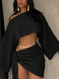 Women's Summer Versatile Elegant Off-Shoulder Top and Skirt 2pcs Set, Cross-Back Top, Fashionable Vacation and Date Outfit Set, Versatile Women's Top, Women's Summer Clothing, Summer Women's Apparel, Base Layer, Dress, Pullover, Long-Sleeve Top - Black