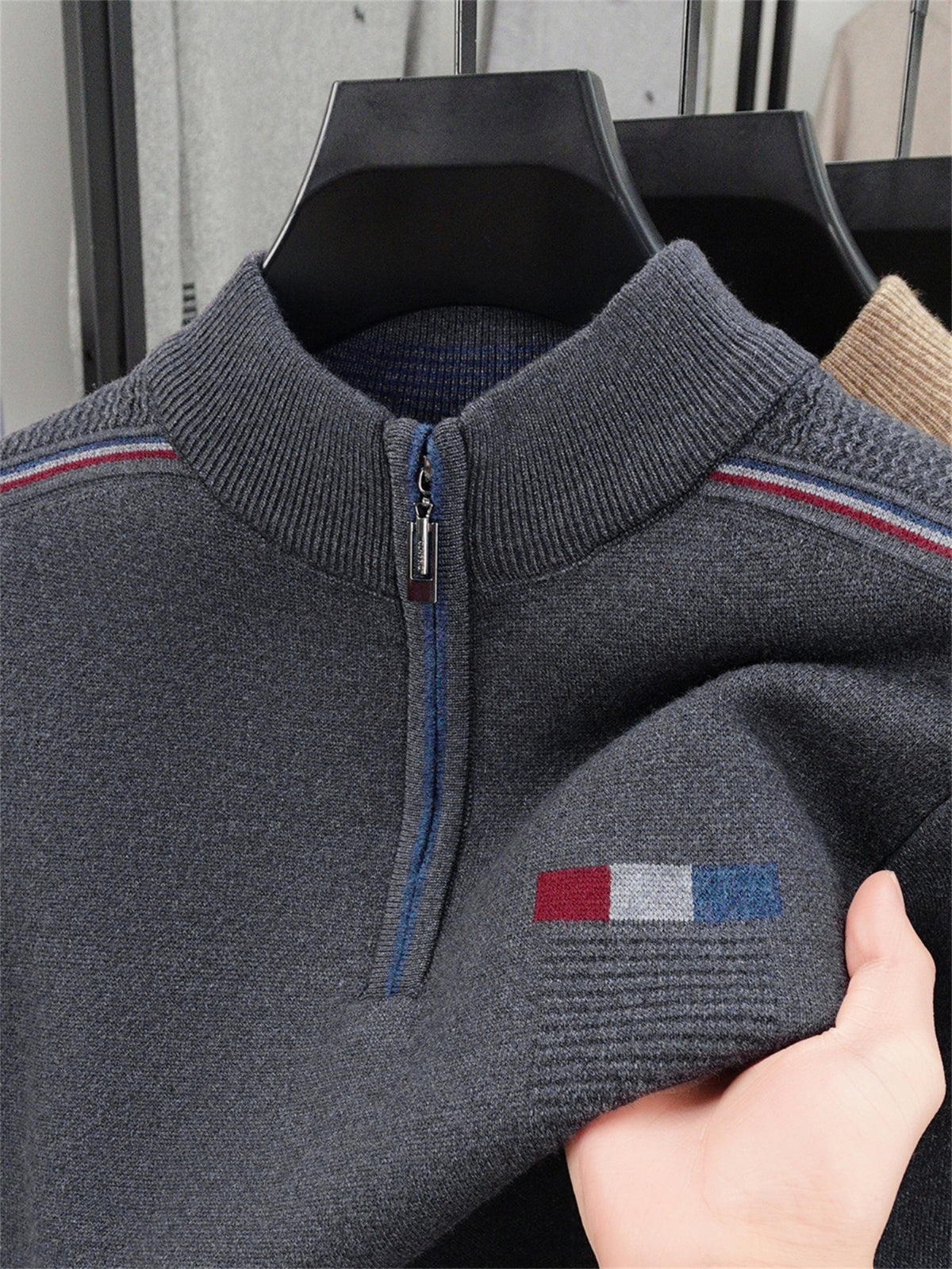 ZBZP Autumn Winter Knit 3D Solid Half-Zip Stand Collar Sweater, Basic Knit Pullover Top for Men, Fashionable Long Sleeve Sweater ZM - Grey