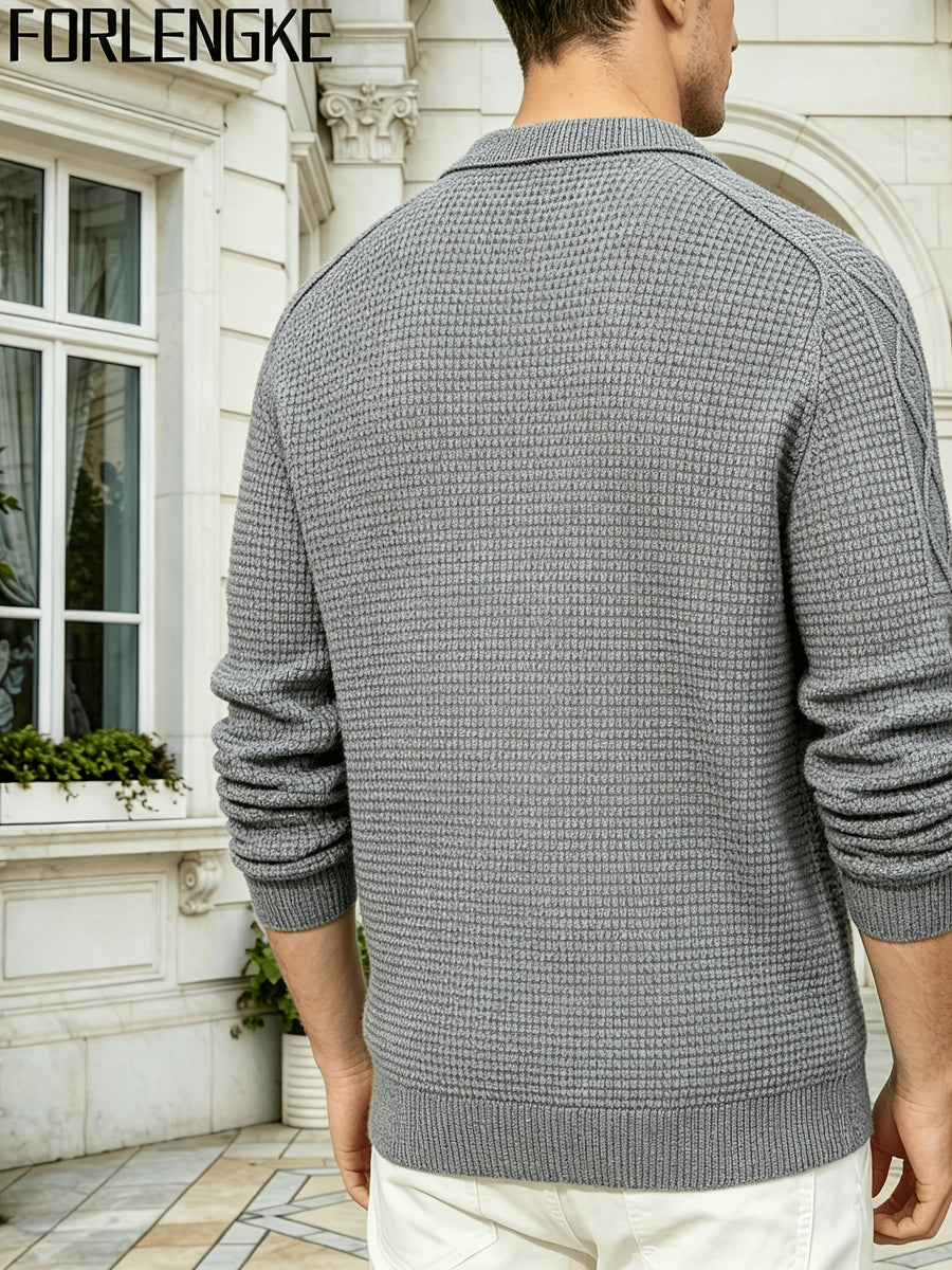 FORLENGKE Men'S Casual Polo Knit Top with Fold-Over Collar, V-Neck Opening, Waffle Knit Fabric, Diamond Cable Pattern on Shoulders, Warm And Stylish for Fall/Winter, Perfect for Daily Casual Wear, Shopping, And Outings - Light Grey