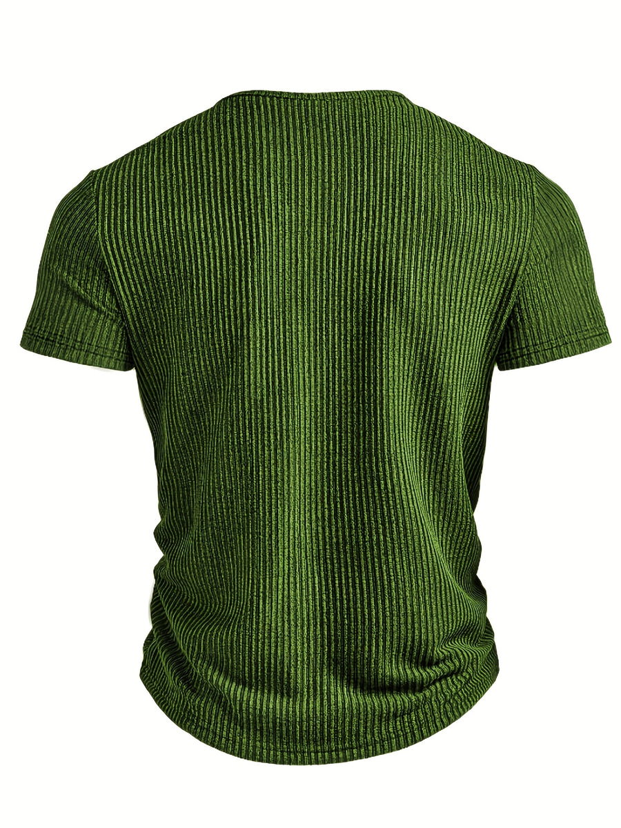 Josh Mei Product Selection Business Casual Men's Henley Short Sleeve Vertical Striped Textured Lightweight Breathable Top Outdoor Street Trendy Daily Commute Underwear Shirt - Green