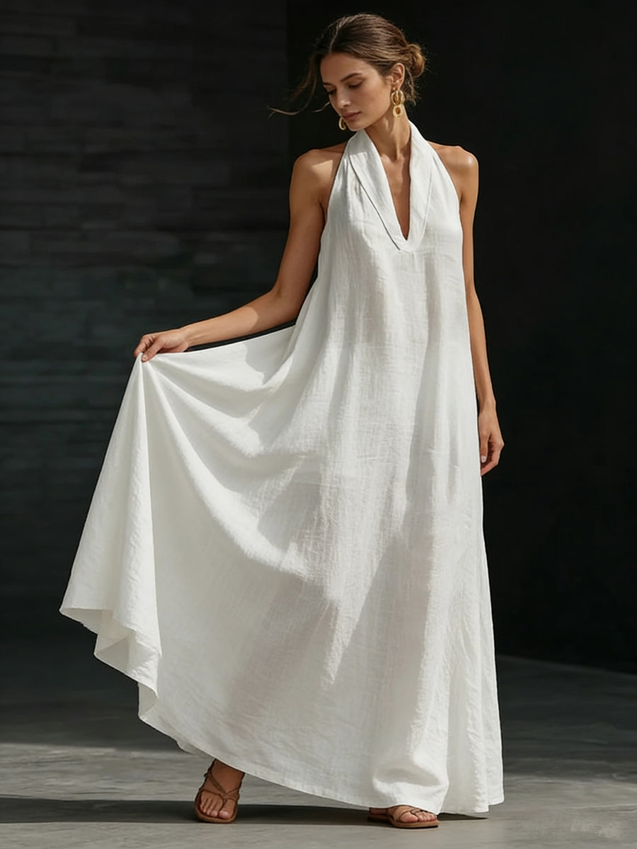 Women's Summer V-Neck Linen-Look Maxi Dress with Hidden Pockets - White