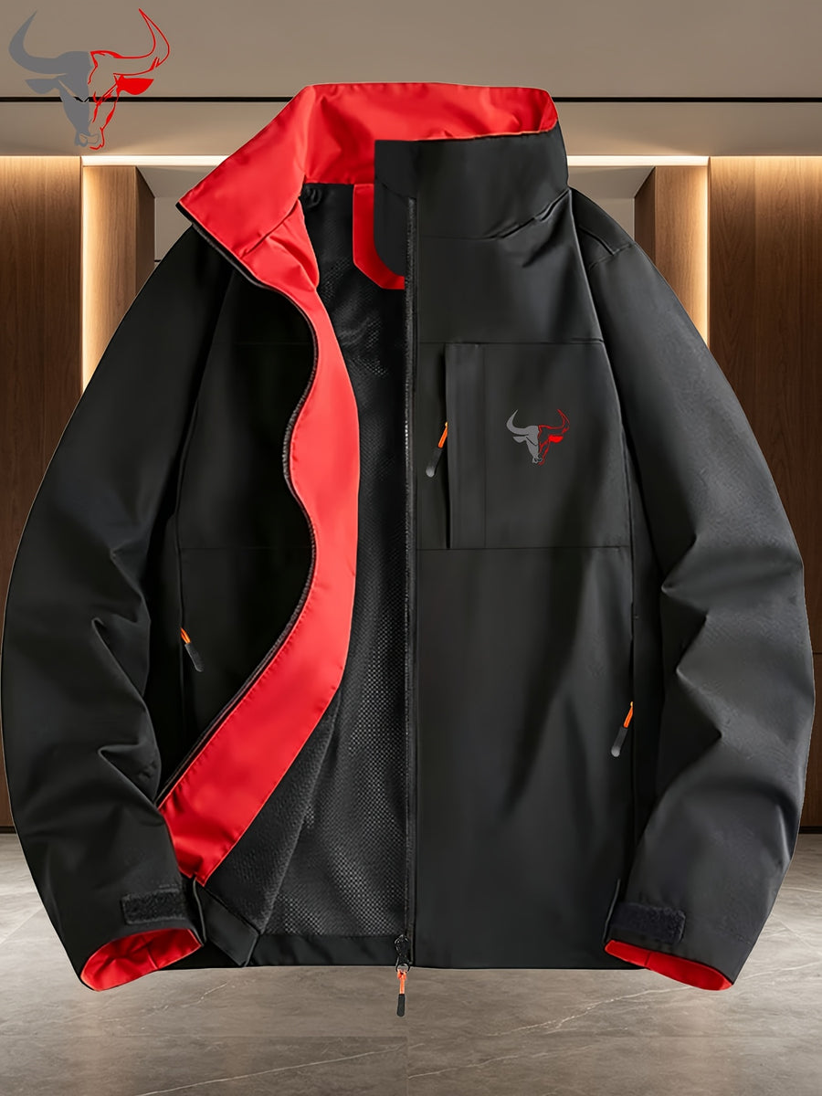 Gray- Head Pattern Contrast Lining Full Zip Stand Collar Windproof Jacket, Men Women Spring Autumn White Multi-Pocket Outdoor Fleece Coat Winter Clothes for Men - Black