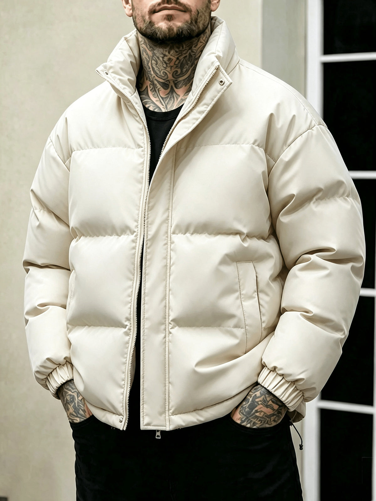 Men'S Stand-Collar Jacket Winter Loose Thick Warm Coat, Easy Casual Zippered Jacket - White
