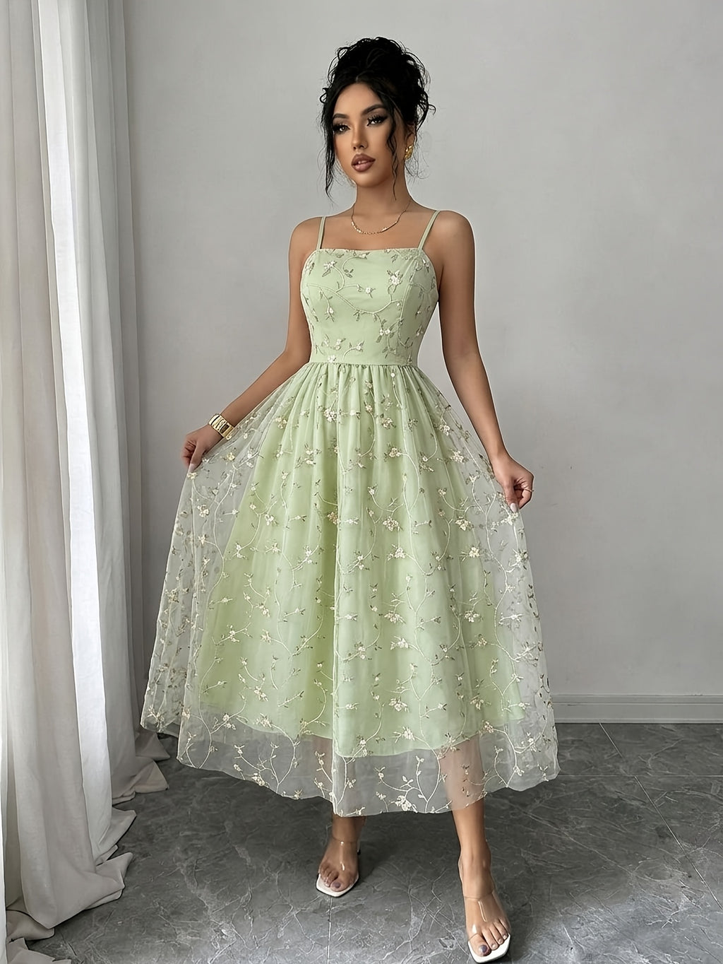 Elegant Women's Mesh Spaghetti Strap A-Line Dress - Green