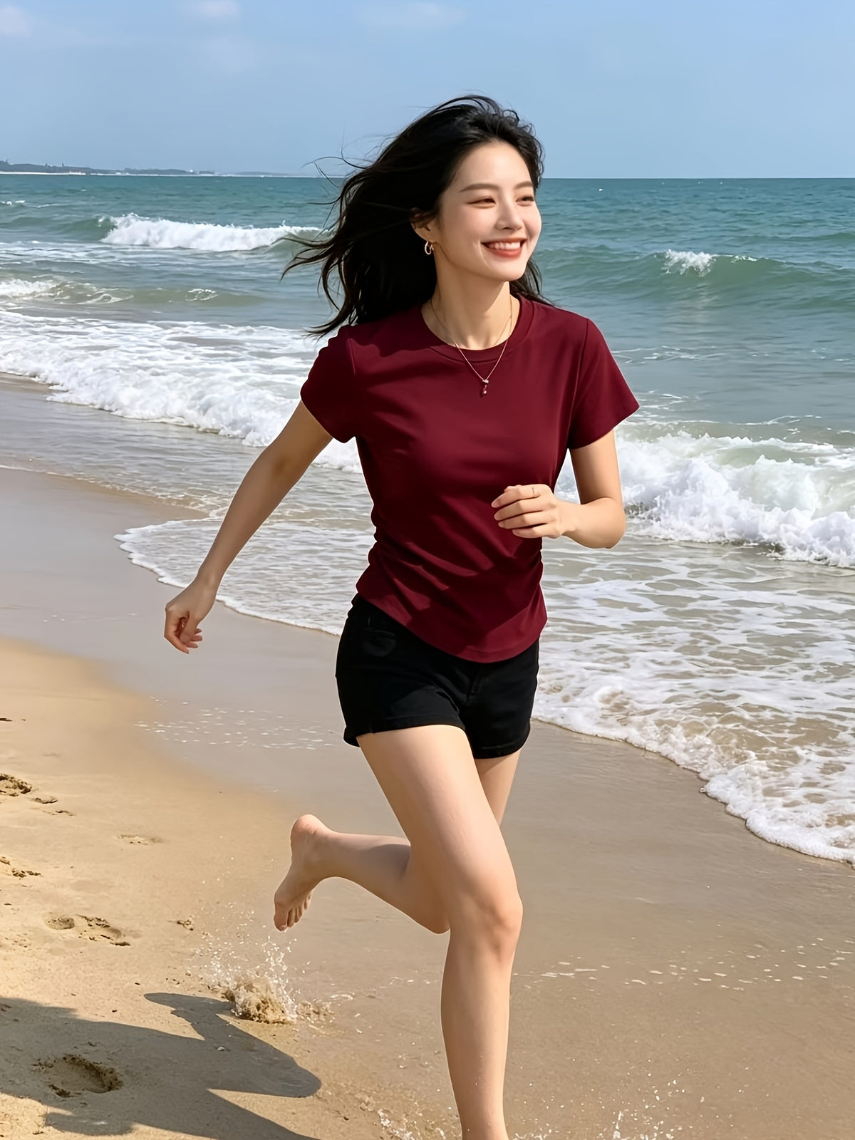 Solid Color Slim Fit Round Neck Short-Sleeved T-Shirt Women'S Summer New Pure Desire Style Outfit Basic Versatile Easy Top - Deep Red
