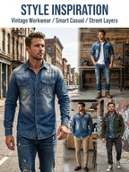 Men's New Spring/Autumn American Western Denim Shirt, Gradient Washed & Distressed Finish, Workwear-Style Lapel Long Sleeve, Double Pockets with Contrast Stitching, Regular Fit, Daily Commute & Streetwear, Wearable as Inner or Outer Layer - Sea Blue