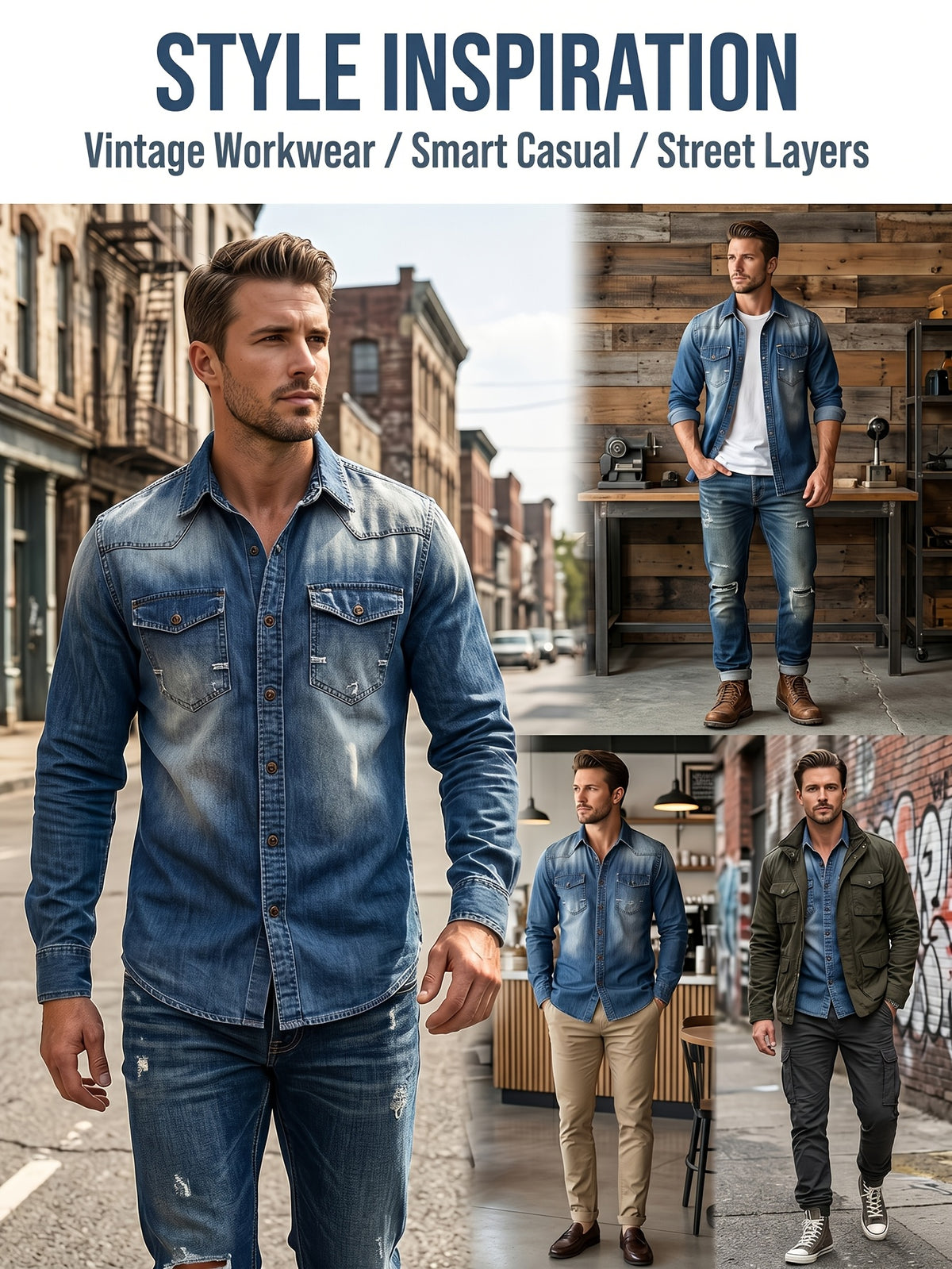 Men's New Spring/Autumn American Western Denim Shirt, Gradient Washed & Distressed Finish, Workwear-Style Lapel Long Sleeve, Double Pockets with Contrast Stitching, Regular Fit, Daily Commute & Streetwear, Wearable as Inner or Outer Layer - Sea Blue