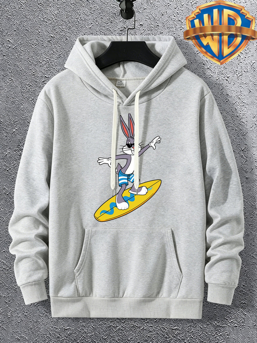Warner Bros. Official Men's Autumn Hooded Sweatshirt, with Ribbed Cuffs, Breathable Polyester Fabric, Summer Beach Surfing Anime Print, Suitable for Casual and Sporty Outfits, Friend Gatherings, and Daily Shopping, Pocket Storage - 【Light Grey】