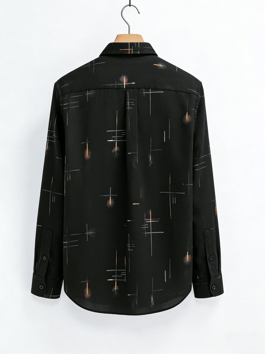 Men'S Long-Sleeve Shirt with Bronzing Print, Business Casual Wrinkle-Resistant Shirt, Light Luxury Versatile Top for Middle-Aged And Young Men - Black