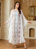 Elegant Middle Eastern Arabic Turkish Kaftan Dress - Batwing Sleeves, Square Neck & Intricate Embroidery, Adjustable Waist Belt, Long Flowy H-Silhouette for Spring Summer Fall, Machine Washable Traditional Attire, Cultural Fashion, Detailed Embroidery - White