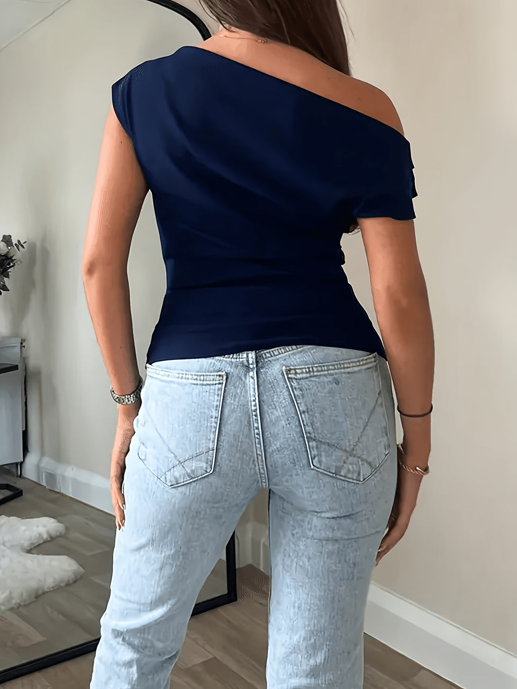 Elegant Casual Fashion Off-Shoulder Short Top Slim Sexy Women'S Blouse - Blue