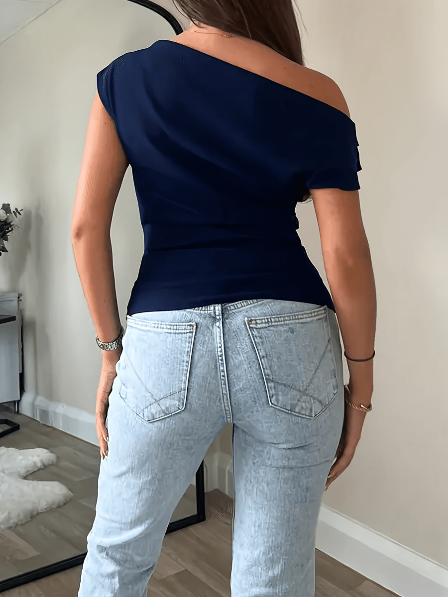 Elegant Casual Fashion Off-Shoulder Short Top Slim Sexy Women'S Blouse - Blue