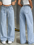 Elastic Waist Women's Denim Pants, Women's Casual WideLeg Jeans - Light Blue