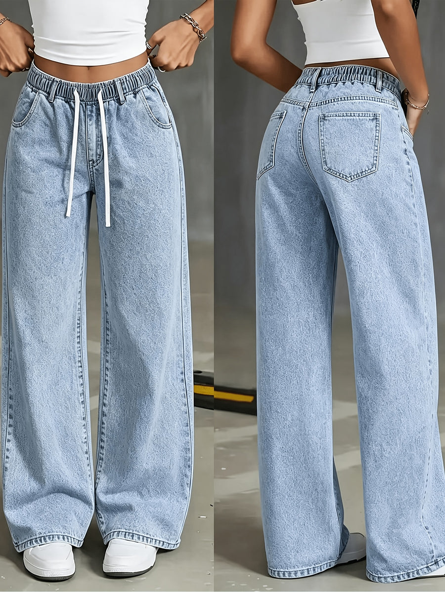 Elastic Waist Women's Denim Pants, Women's Casual WideLeg Jeans - Light Blue