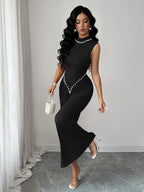 Summer Elegant Fashion Pearl Solid High-Neck Women'S Sleeveless Dress, Waist-Cinching Ruched Fishtail Long Dress, Temperament Evening Formal Gown - Black