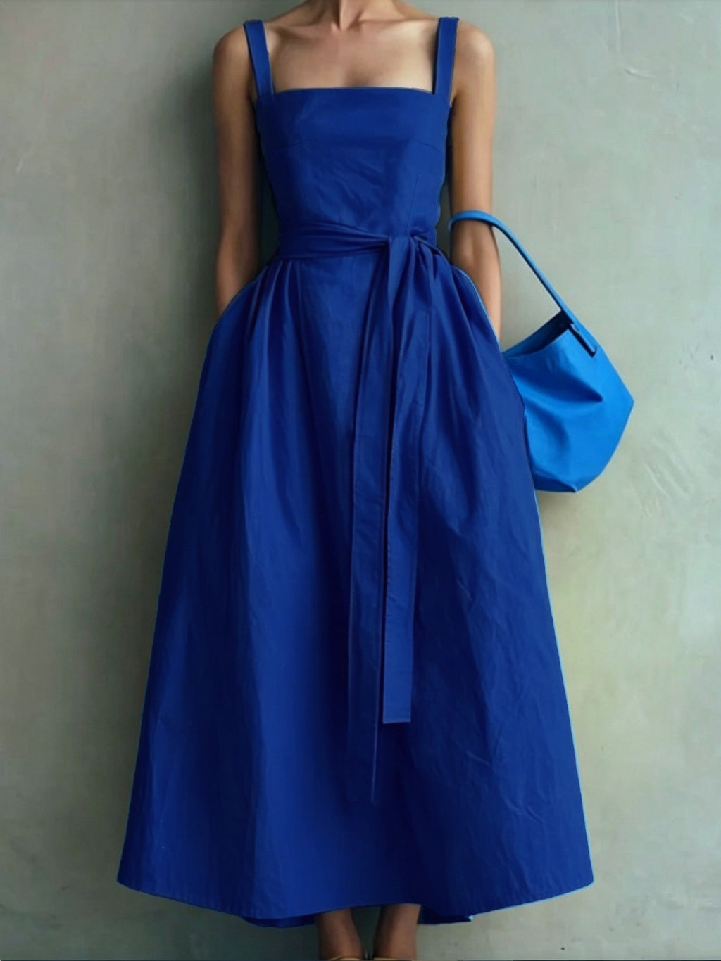 Simple Style Sleeveless Waist-Cinching Dress for Women, Summer Maxi Flared Bridesmaid Dress Gown - Blue