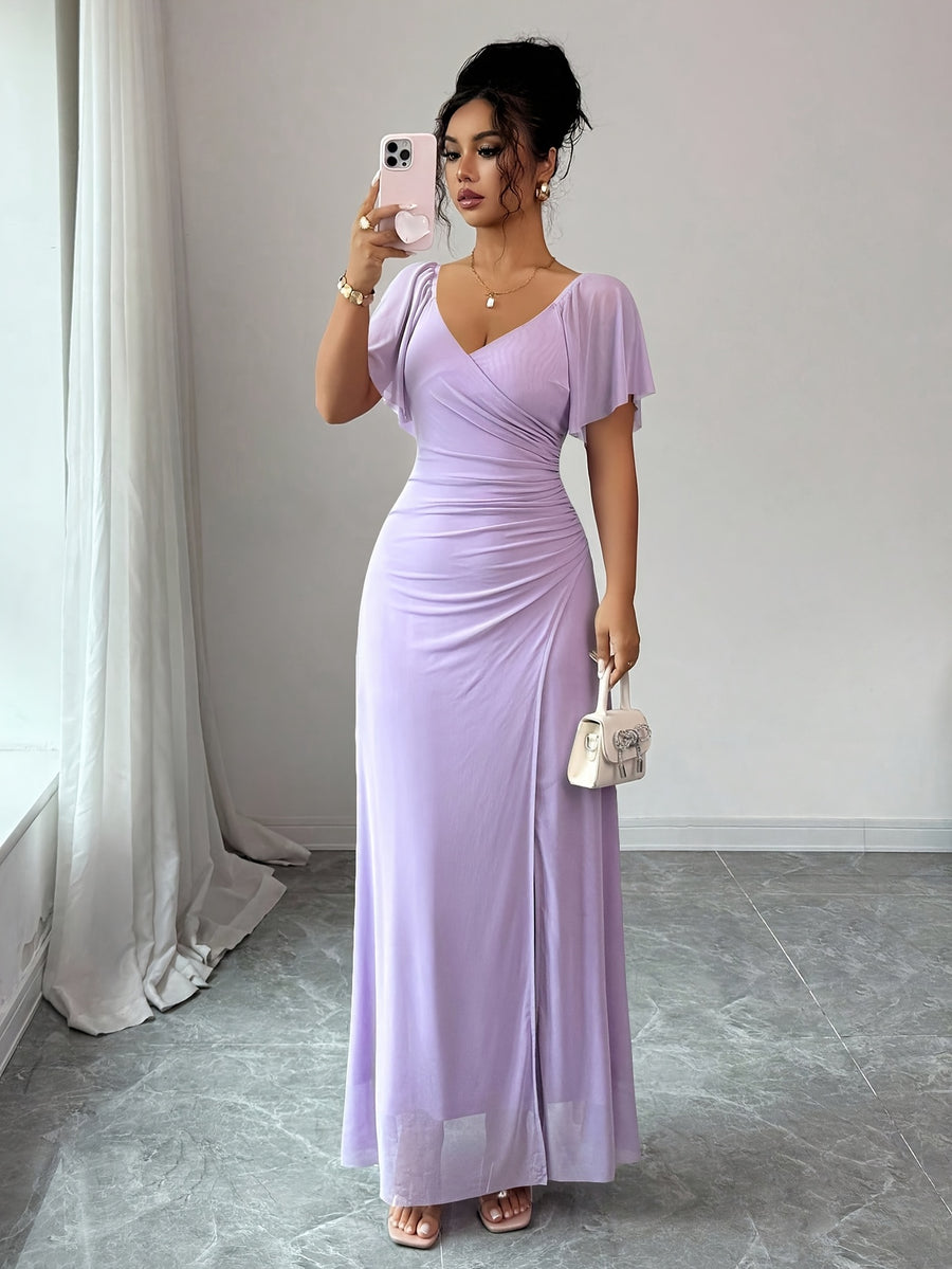 Women'S Solid Color V-Neck Ruffled Mesh Panel Waist Slit Dress, Elegant Bridesmaid Gown, Party Dress, Spring/Summer Style - Purple