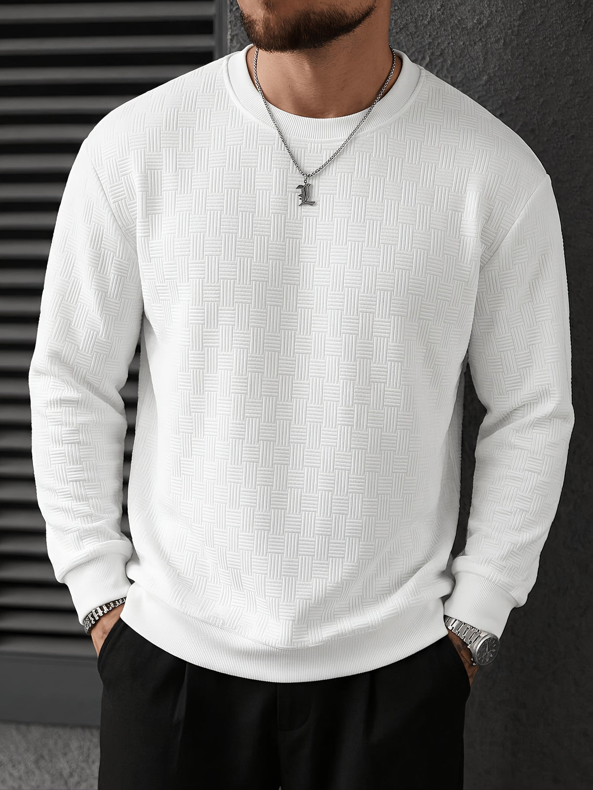 Men's Long Sleeve Sweatshirt, Autumn/Winter Loose Fit Textured Jacquard Ribbed Collar Knit Pullover, Men's Crew Neck Knitwear T-Shirt, Casual Fashion Sport Top - White