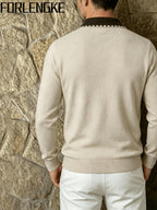 FORLENGKE Fall/Winter Men's Color-Block Collar Polo Knit Sweater with Textured Fabric, Turn- Collar Pullover Top, Casual and Versatile Knitwear for Men, Suitable for Work, Parties, and Various Occasions, Can Be Worn Inside or Out, Basic Top - Apricot