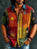 Western Men'S Lapel Short Sleeve Shirt, Multi-Color Plaid Patchwork, Sun Moon Stars Celestial Elements Bohemian Style Digital Print Full Print Top, Youth Fashion, Suitable for Daily Casual, Outdoor Activities, Sports, Vacation, Beach, Parties - Mixed colors