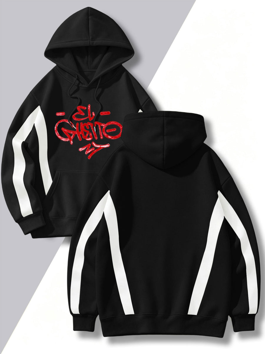 4pcs Set: Autumn/Winter Men's Pullover Hooded Sweatshirt with Diagonal Contrast Color Line Cut on Sleeves, Street Style Top. Features Adjustable Drawstring and Large Kangaroo Pocket for Storing Phones and Small Items. Made of Skin-Friendly - Black + Black + Black + Black