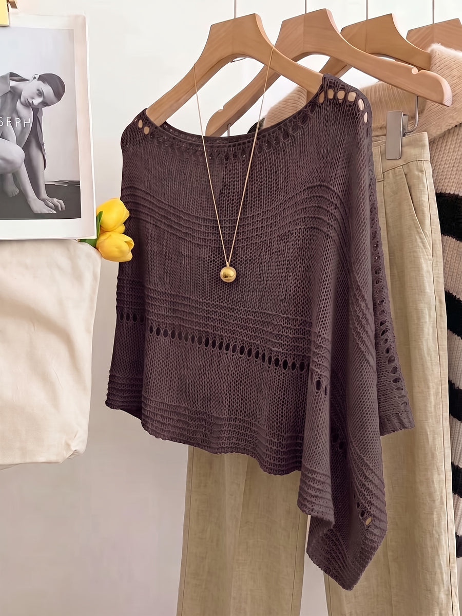 Women's Hollow-Out Cape Top, Boat Neck Irregular Hem Summer Beach Cover-Up, Seaside Bohemian Vacation Style Casual Top, Lightweight Breathable Loose Knitwear, Mesh Detail Horizontal Stripes, Relaxed Layering Style, Suitable for Holidays, Daily Wear - Coffee Brown