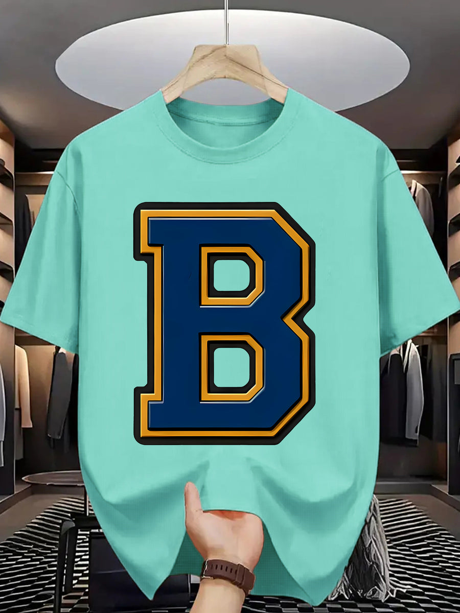 Men'S Summer Casual T-Shirt with Bold "B" Letter Print - Lightweight Polyester, Round Neck, Short Sleeve, Regular Fit, Perfect for Casual Attire, Everyday Tshirt | Trendy Casualwear | Durable Fabric - Light Cyan